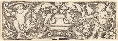 Ornament with a Vase Between Two Genii by Sebald Beham, print, 1525-1530