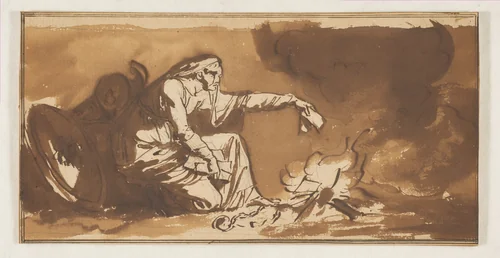 An Old Woman Burning Papers by Nicolai Abraham Abildgaard, drawing, 1763-1809