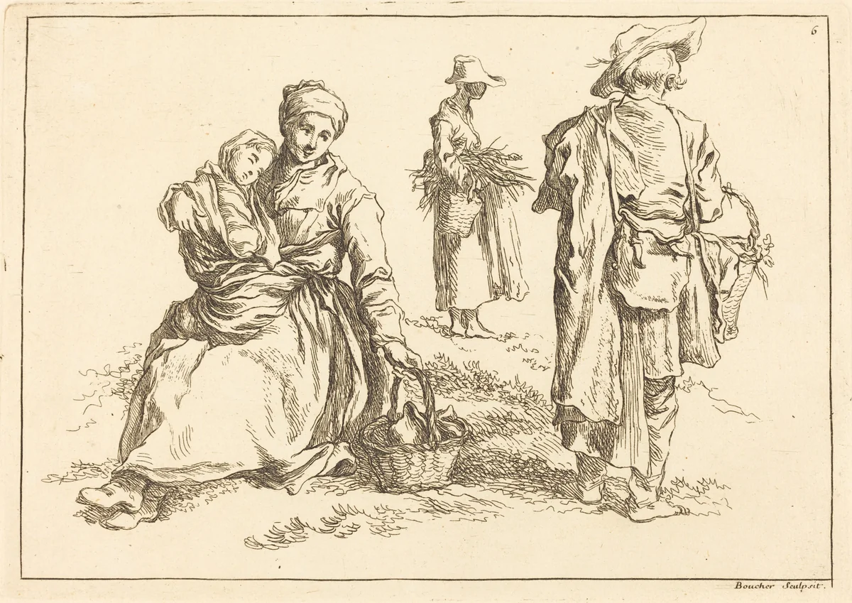 Seated Mother and Child, Two Standing Peasants by François Boucher, print, 1735