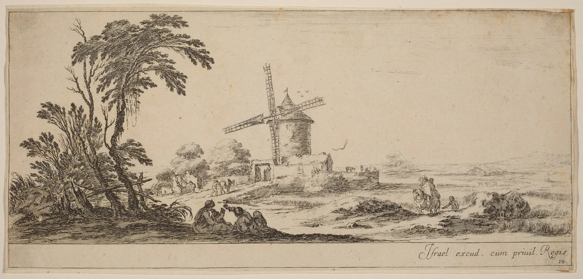 Landscape with Windmill by Stefano della Bella, print, 1647