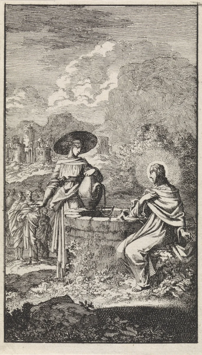 Christus en de Samaritaanse vrouw bij de put by Jan Luyken, print, 1712