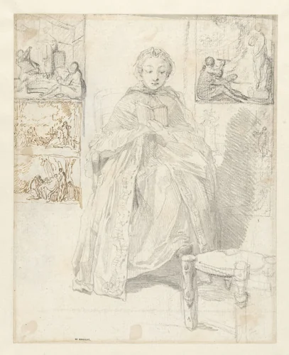 Studieblad met een lezende vrouw en enkele schetsen by Gabriel Jacques de Saint-Aubin, drawing, 1734-1780