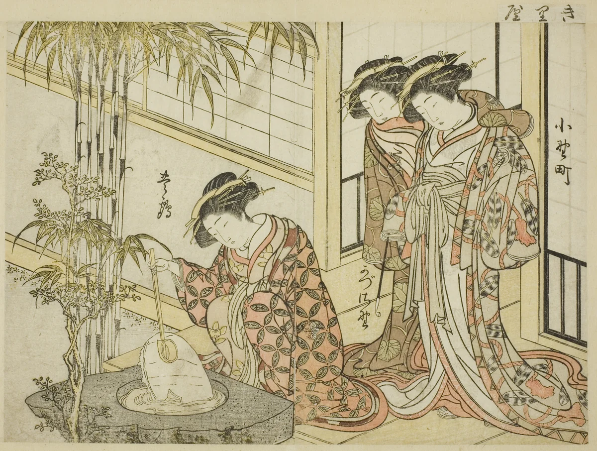 Courtesans of Maruya, from the book "Mirror of Beautiful Women of the Pleasure Quarters (Seiro bijin awase sugata kagami)," vol. 2 by Katsukawa Shunsho (勝川 春章), print, 1776