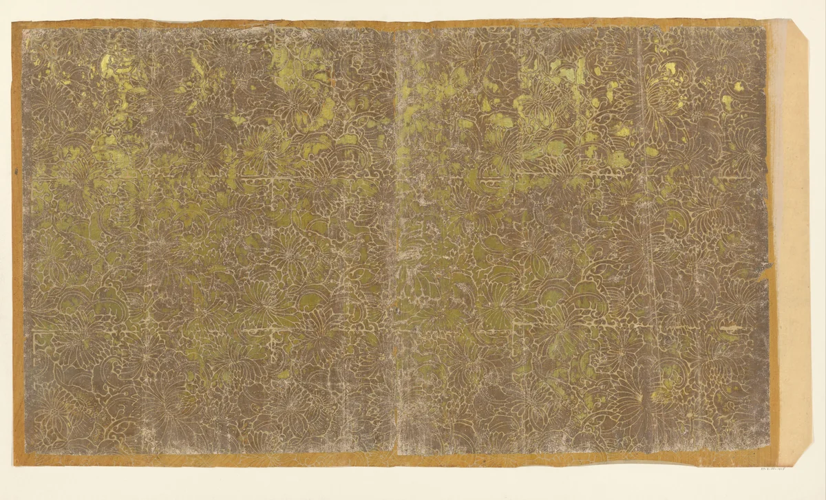 Blad met aaneengesloten bladvullend patroon van chrysanten (één van tien identieke bladen) by anonymous, other, 1850-1950