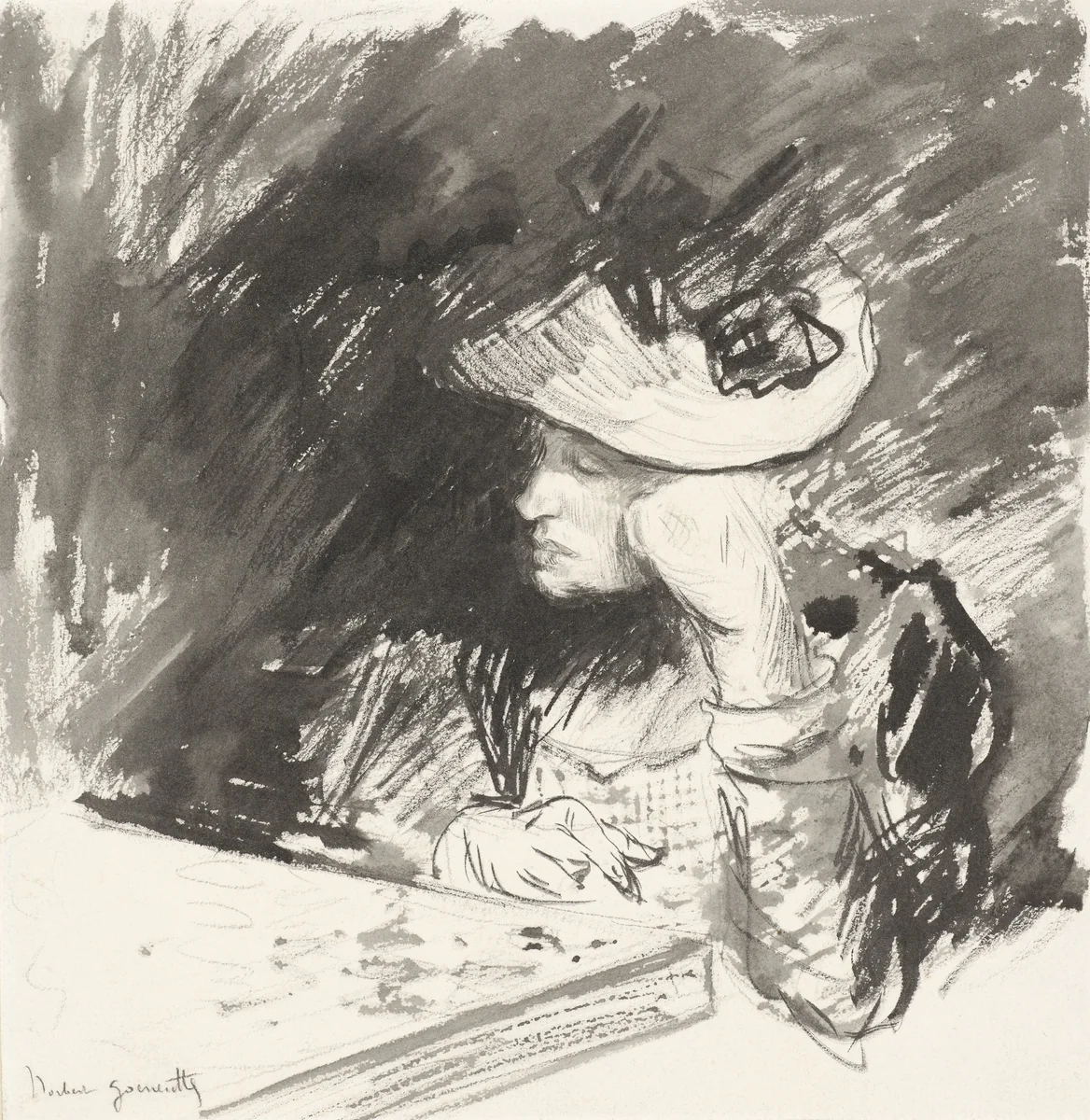 Dame met stroohoed zit peinzend aan een tafel by Norbert Goeneutte, drawing, 1864-1894