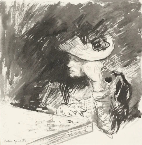 Dame met stroohoed zit peinzend aan een tafel by Norbert Goeneutte, drawing, 1864-1894