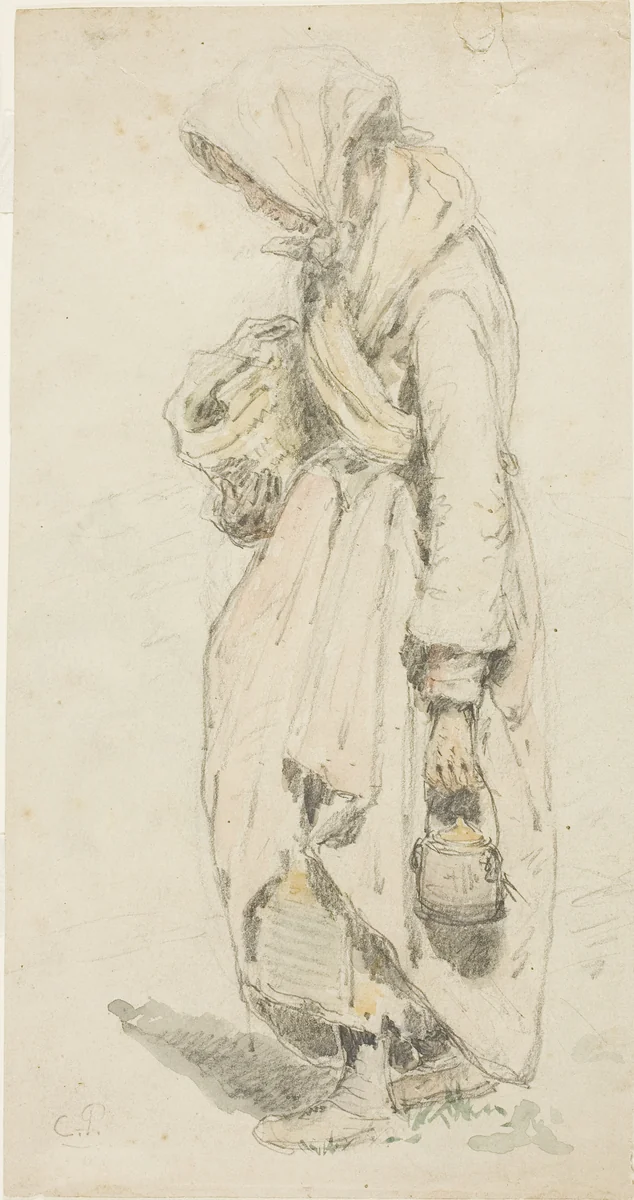Peasant Woman (recto); Boy with a Fishing Pole (verso) by Camille Pissarro, drawing, 1850-1903