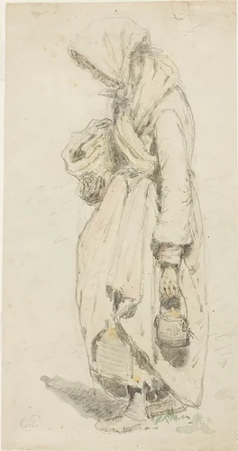 Peasant Woman (recto); Boy with a Fishing Pole (verso) by Camille Pissarro, drawing, 1850-1903