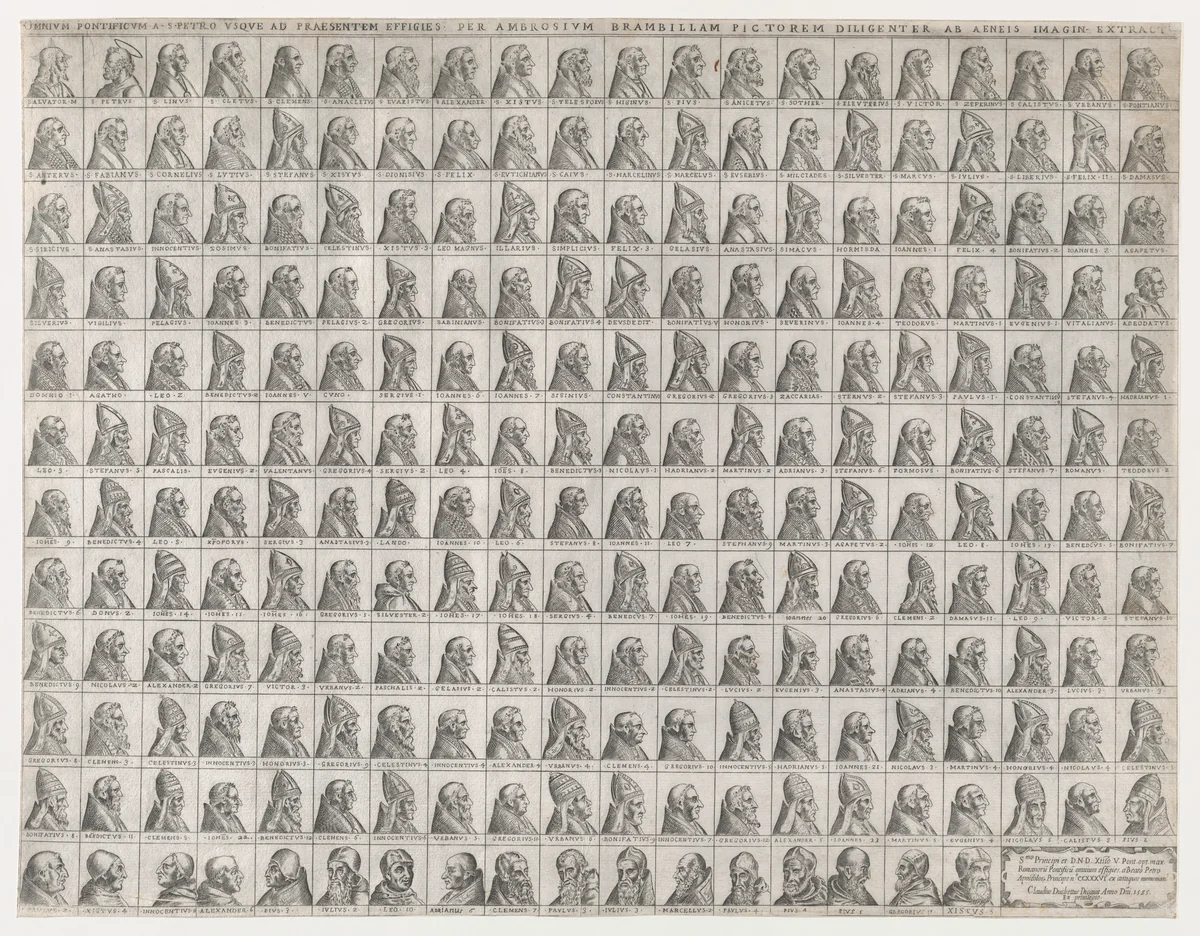 Small Portraits of the Popes from Christ to Sixtus V, from "Speculum Romanae Magnificentiae" by Giovanni Ambrogio Brambilla, print, 1585