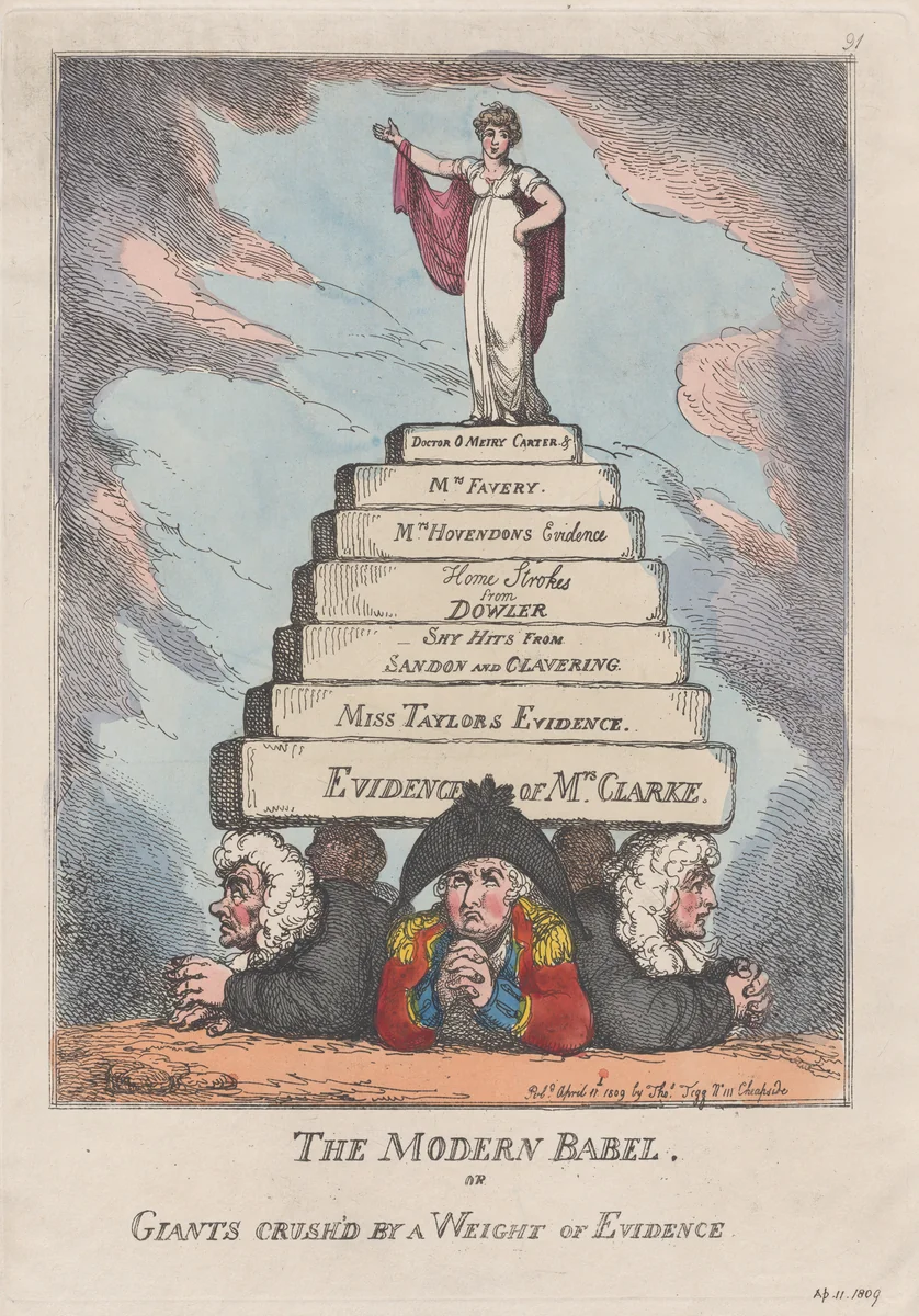 The Modern Babel, or Giants Crushed by a Weight of Evidence by Thomas Rowlandson, print, 1809