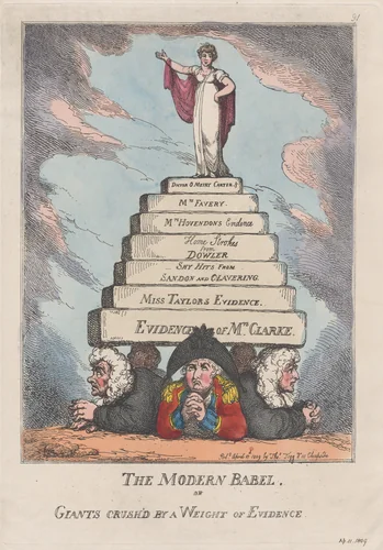 The Modern Babel, or Giants Crushed by a Weight of Evidence by Thomas Rowlandson, print, 1809