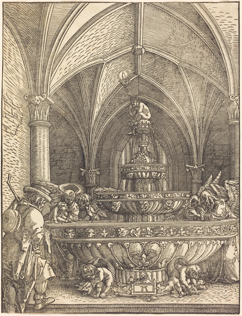 The Rest on the Flight into Egypt at a Fountain by Albrecht Altdorfer, print, 1512-1515