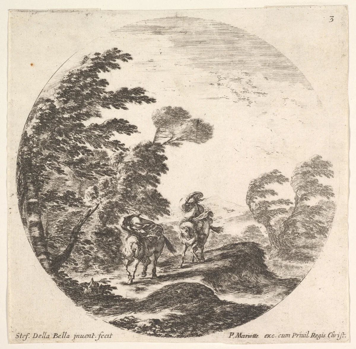 Plate 3: a gale in the forest, two horsemen wrapped in their cloaks, the wind blowing, from "Roman landscapes and ruins" (Paysages et ruines de Rome) by Stefano della Bella, print, 1638-1648
