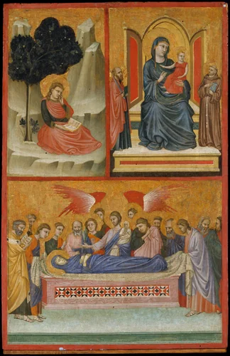 Saint John on Patmos, Madonna and Child Enthroned, and Death of the Virgin; The Crucifixion by Pacino di Bonaguida, painting, 1303-1320