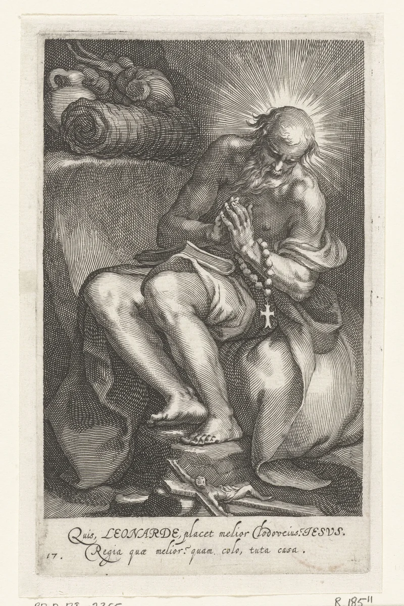 Heilige Leonardus van Noblat als kluizenaar by Boëtius Adamsz. Bolswert, print, 1590-1612