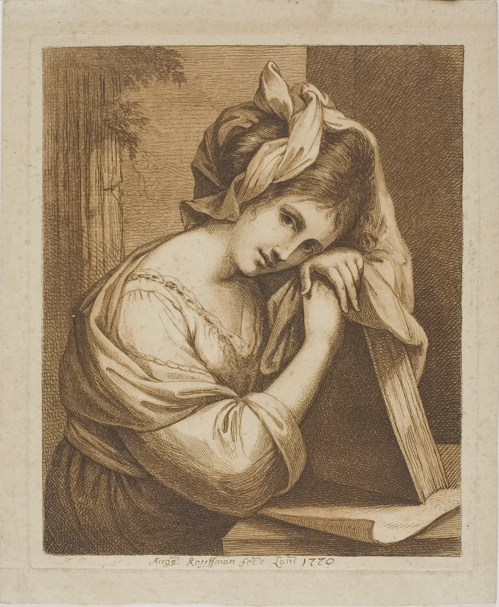 Woman Resting Her Head on a Book by Angelica Kauffmann, print, 1770
