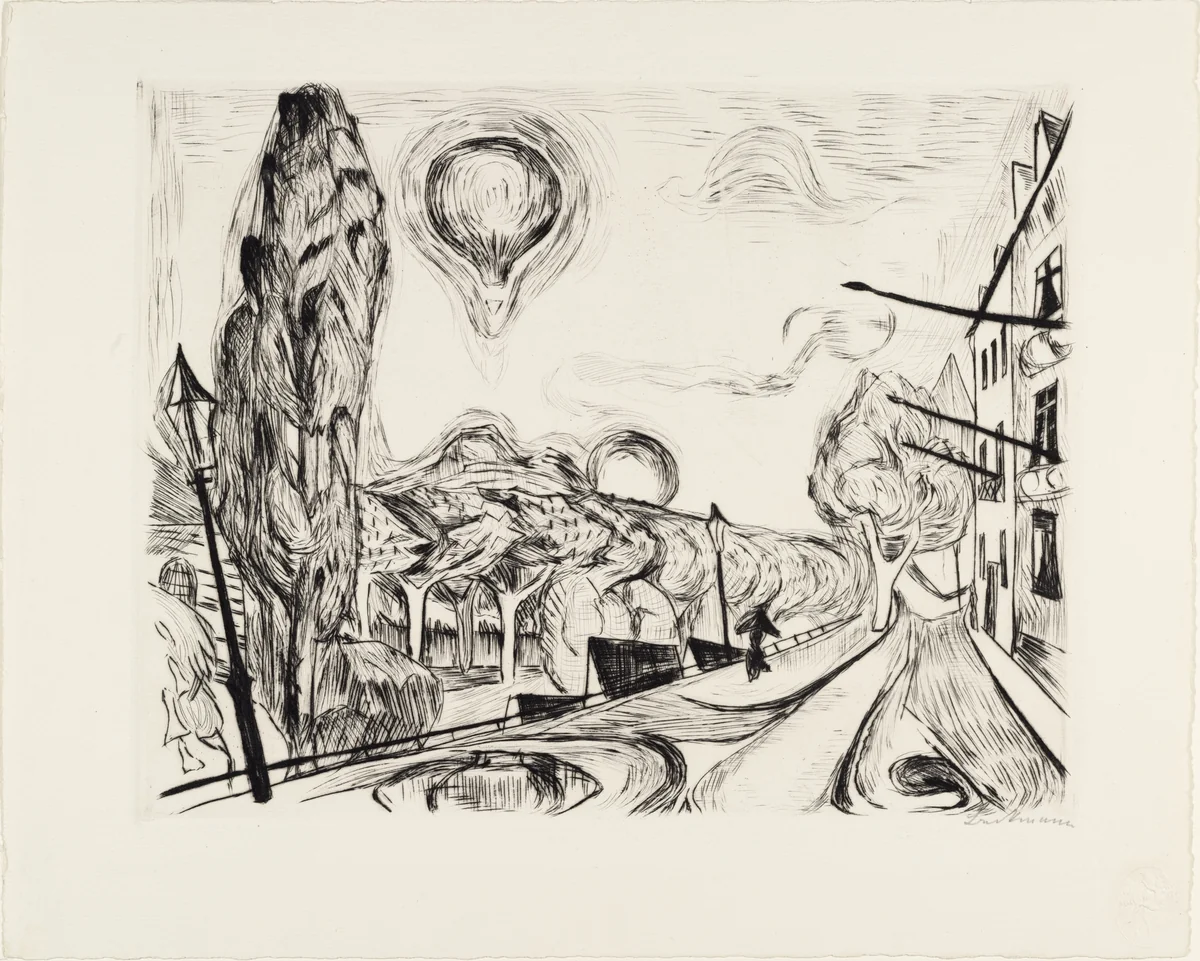 Landscape with Balloon (Landschaft mit Ballon) from Faces (Gesichter) by Max Beckmann, print, 1918