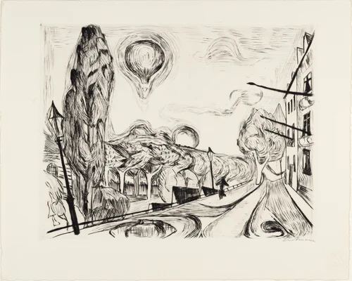 Landscape with Balloon (Landschaft mit Ballon) from Faces (Gesichter) by Max Beckmann, print, 1918