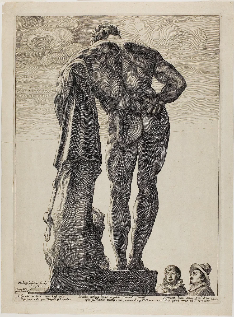 The Farnesian Hercules, plate one from Three Famous Antique Sculptures by Hendrick Goltzius, print, 1587-1597