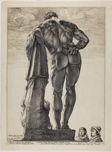 The Farnesian Hercules, plate one from Three Famous Antique Sculptures by Hendrick Goltzius, print, 1587-1597