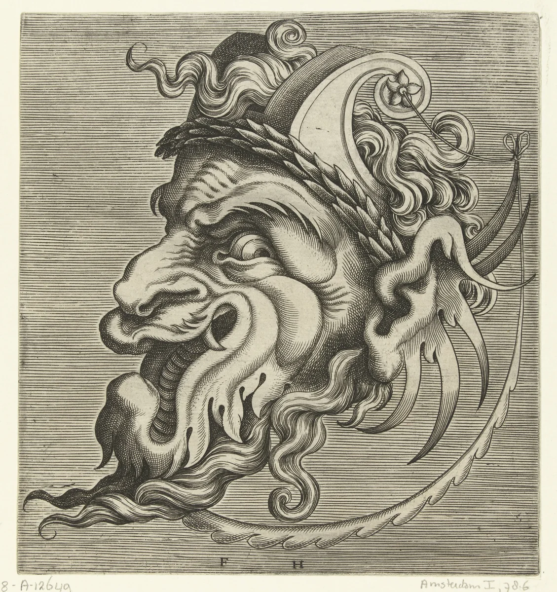 Masker en profil met twee horens van rolwerk en een lauwerkrans by Unknown, print, 1555