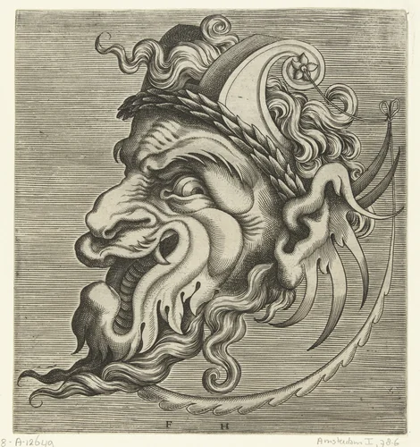 Masker en profil met twee horens van rolwerk en een lauwerkrans by Unknown, print, 1555
