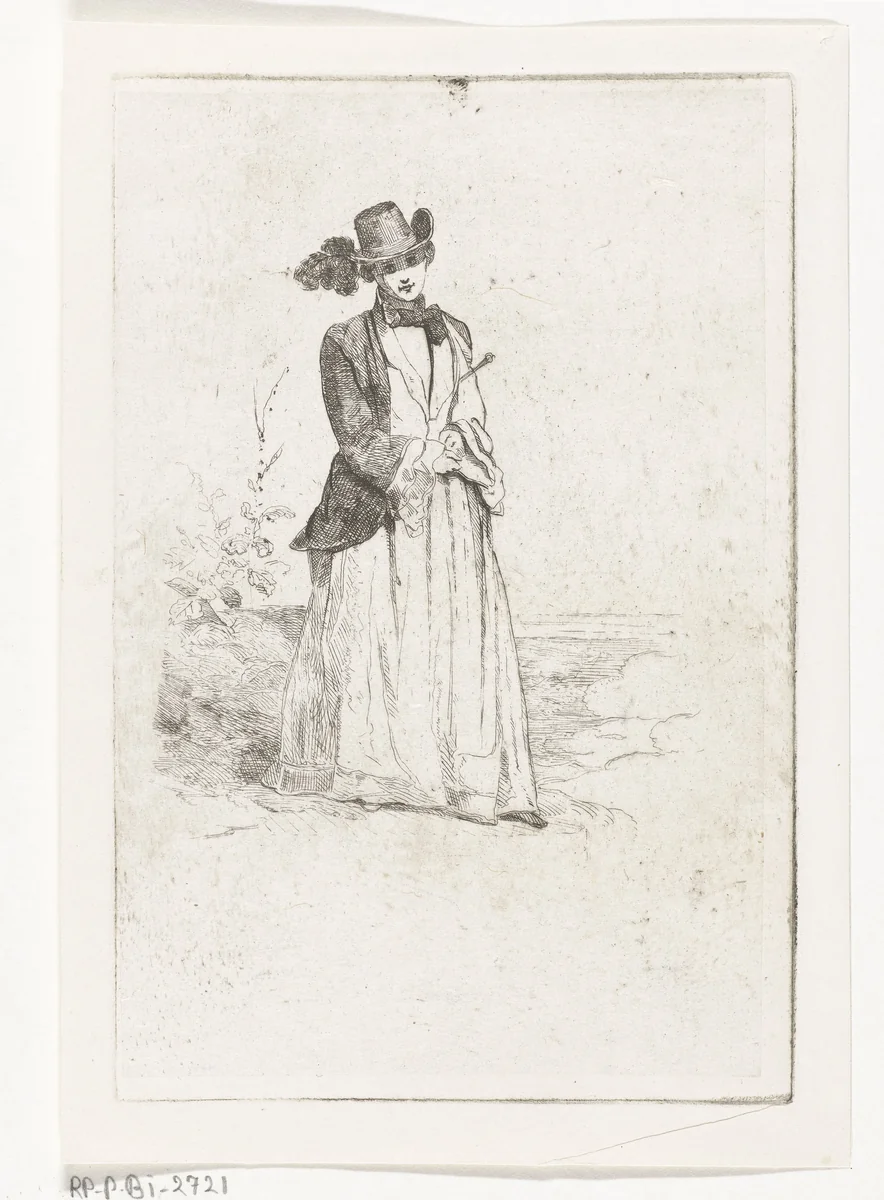 Staande vrouw met rijzweep by Karel Frederik Bombled, print, 1832-1902