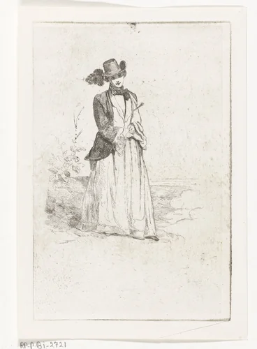 Staande vrouw met rijzweep by Karel Frederik Bombled, print, 1832-1902