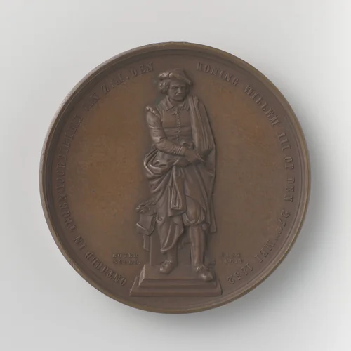 Onthulling van het standbeeld voor Rembrandt by Laurent Joseph Hart, metalwork, 1852