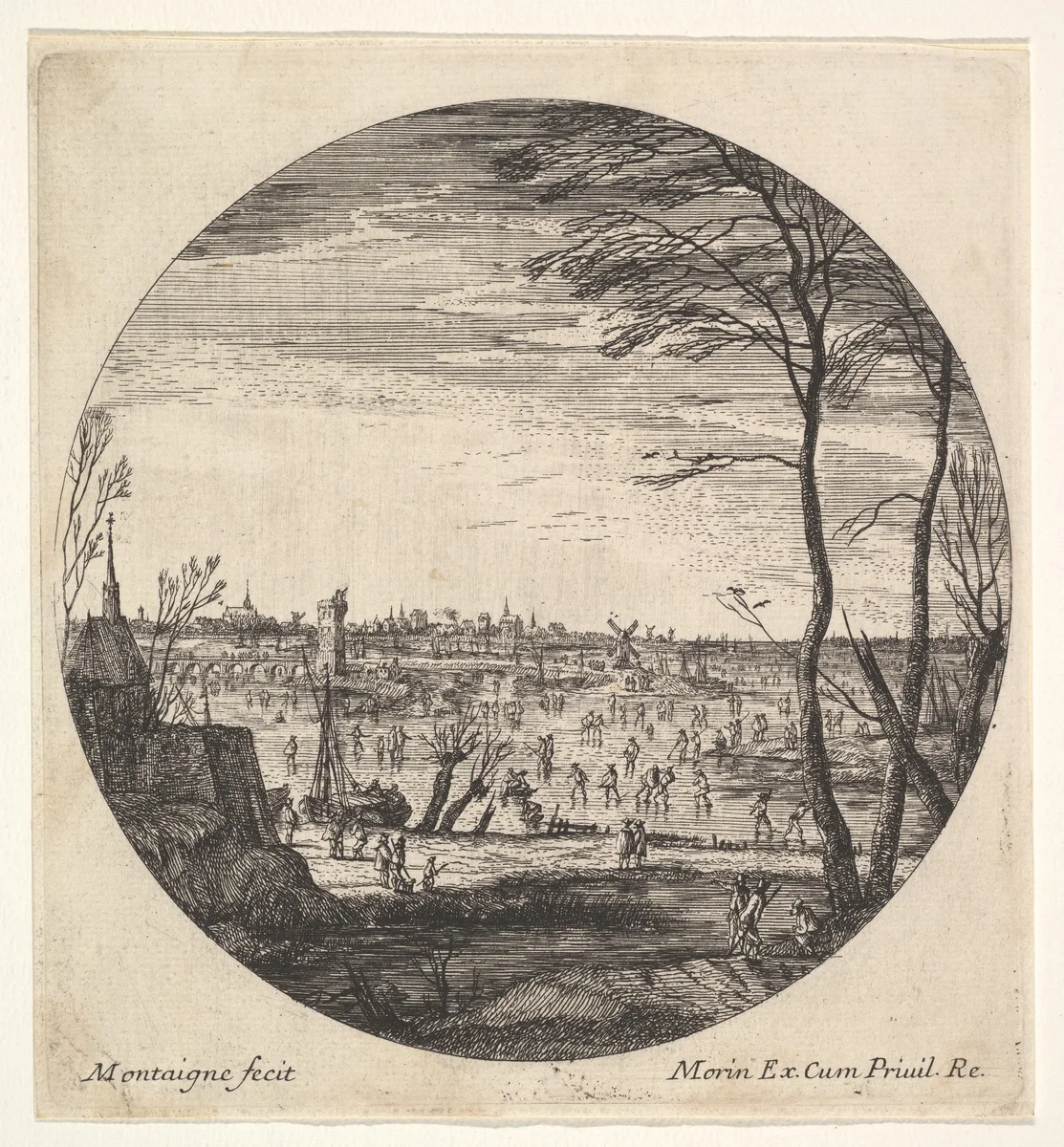 Winter landscape with figures skating on a frozen body of water in a roundel composition; a church and trees in the foreground; a bridge, churches, and windmills beyond by Matthijs van Plattenberg, print, 1625-1660