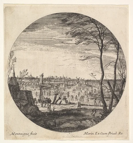 Winter landscape with figures skating on a frozen body of water in a roundel composition; a church and trees in the foreground; a bridge, churches, and windmills beyond by Matthijs van Plattenberg, print, 1625-1660