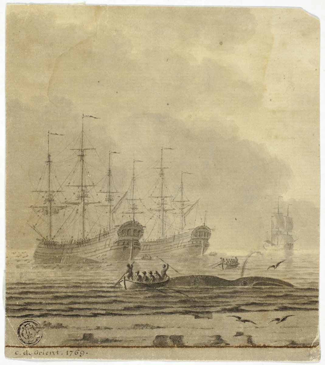Whaling Ships and Small Boats with Whale by Cornelis Ouboter van der Grient, drawing, 1711-1783