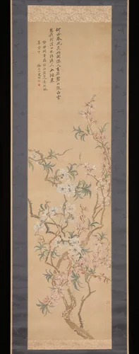 Red and White Peach Blossoms by Tsubaki Chinzan (椿椿山), painting, 1843