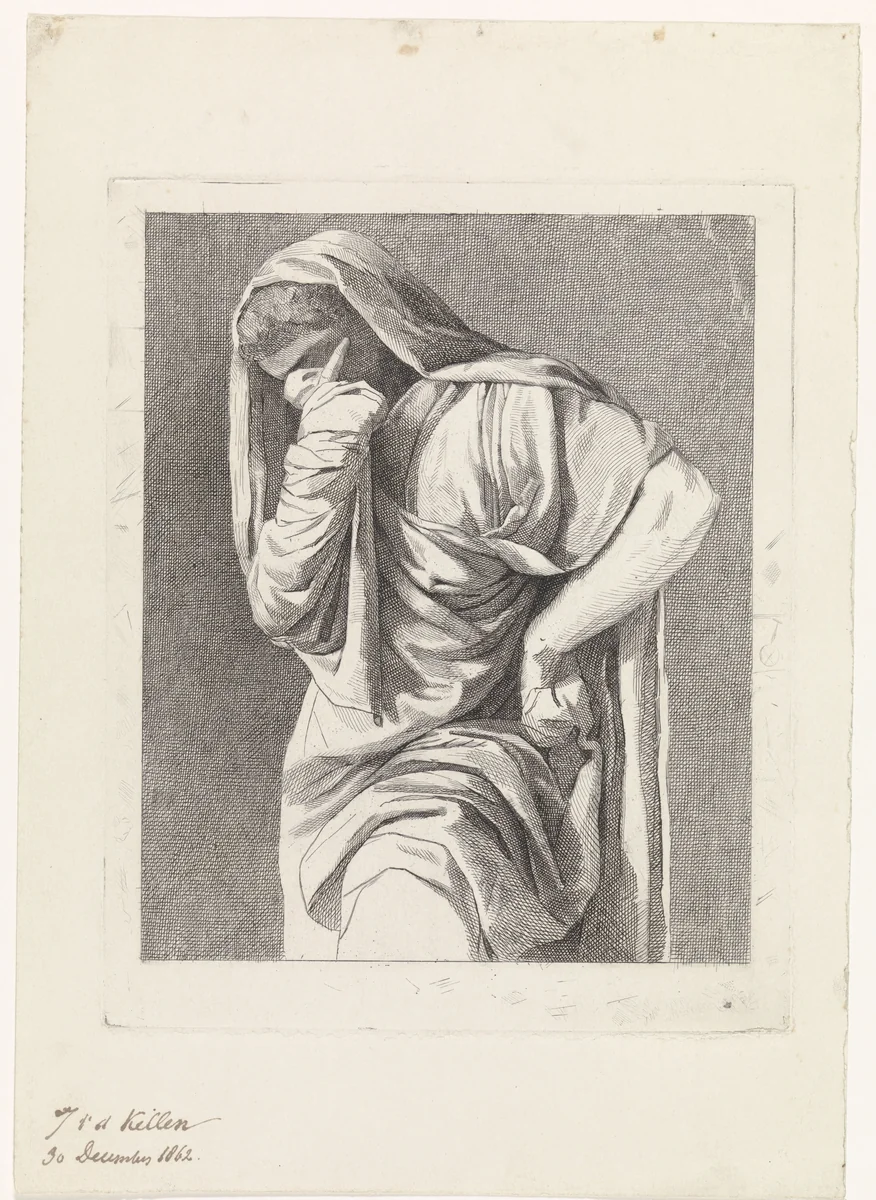 Treurende vrouw in klassiek gewaad by Johannes van der Kellen, print, 1862