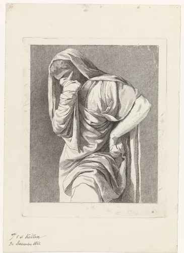 Treurende vrouw in klassiek gewaad by Johannes van der Kellen, print, 1862