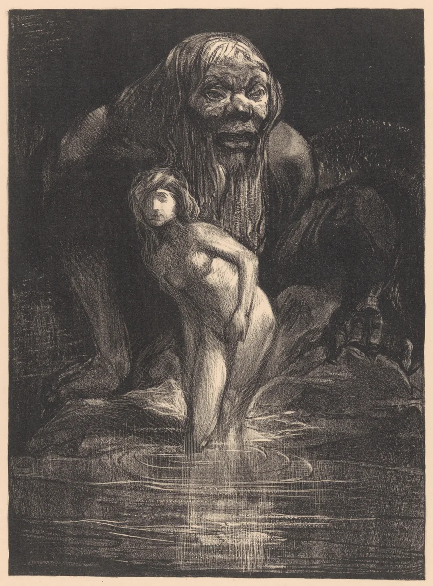 Naakte vrouw met monster, mogelijk Andromeda en Ceto by Johannes Josephus Aarts, print, 1881-1931