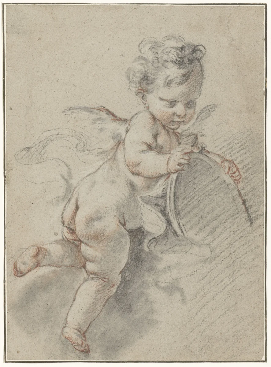 Zwevende putto met een toiletspiegel by François Boucher, drawing, 1713-1770