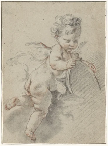 Zwevende putto met een toiletspiegel by François Boucher, drawing, 1713-1770