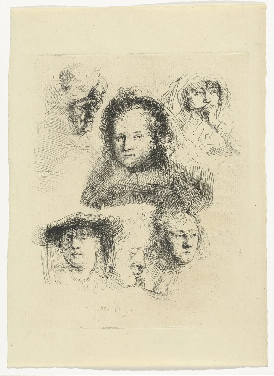 Studies of the head of Saskia and others by Ignace-Joseph de Claussin, print, 1805-1844