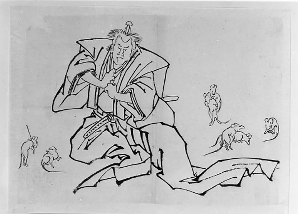 Rats and a Kabuki Actor in the Role of Nikki Danjō by Hokusai School, painting, 1800-1868