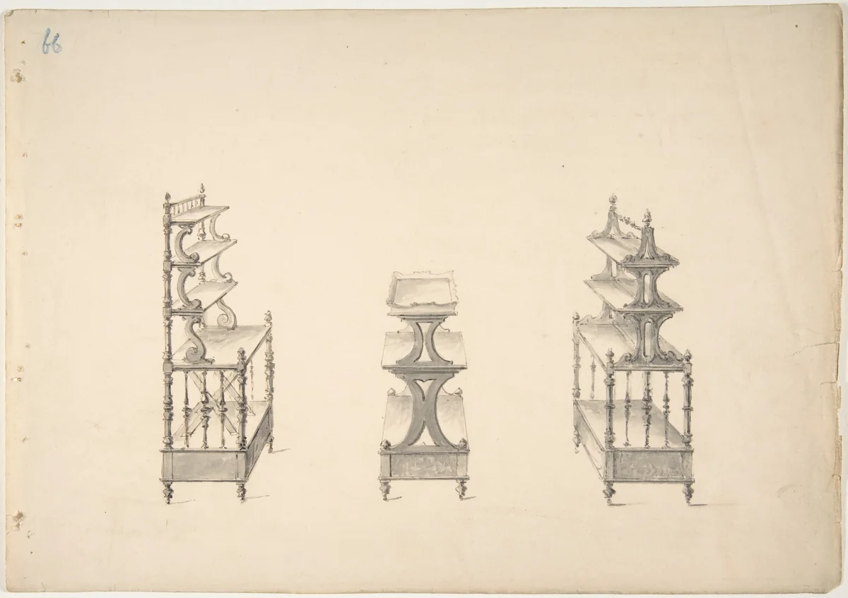 Design for Three Sets of Shelves on Casters by anonymous, drawing, 1800-1850