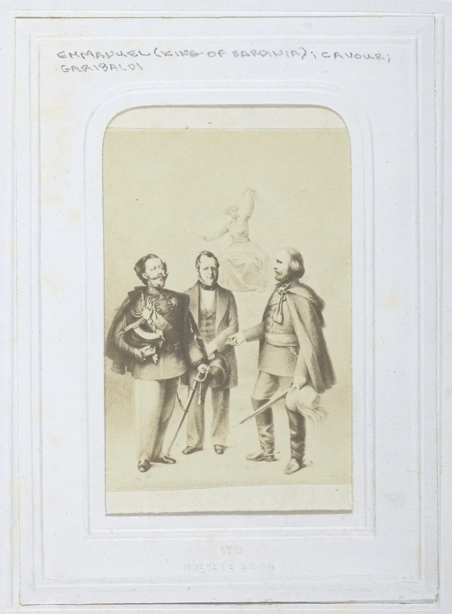 Victor Emmanuel II King of Sardinia, Giuseppe Garibaldi and Camillo Benso, Count of Cavour by Artist Unknown, photograph, 1860-1869
