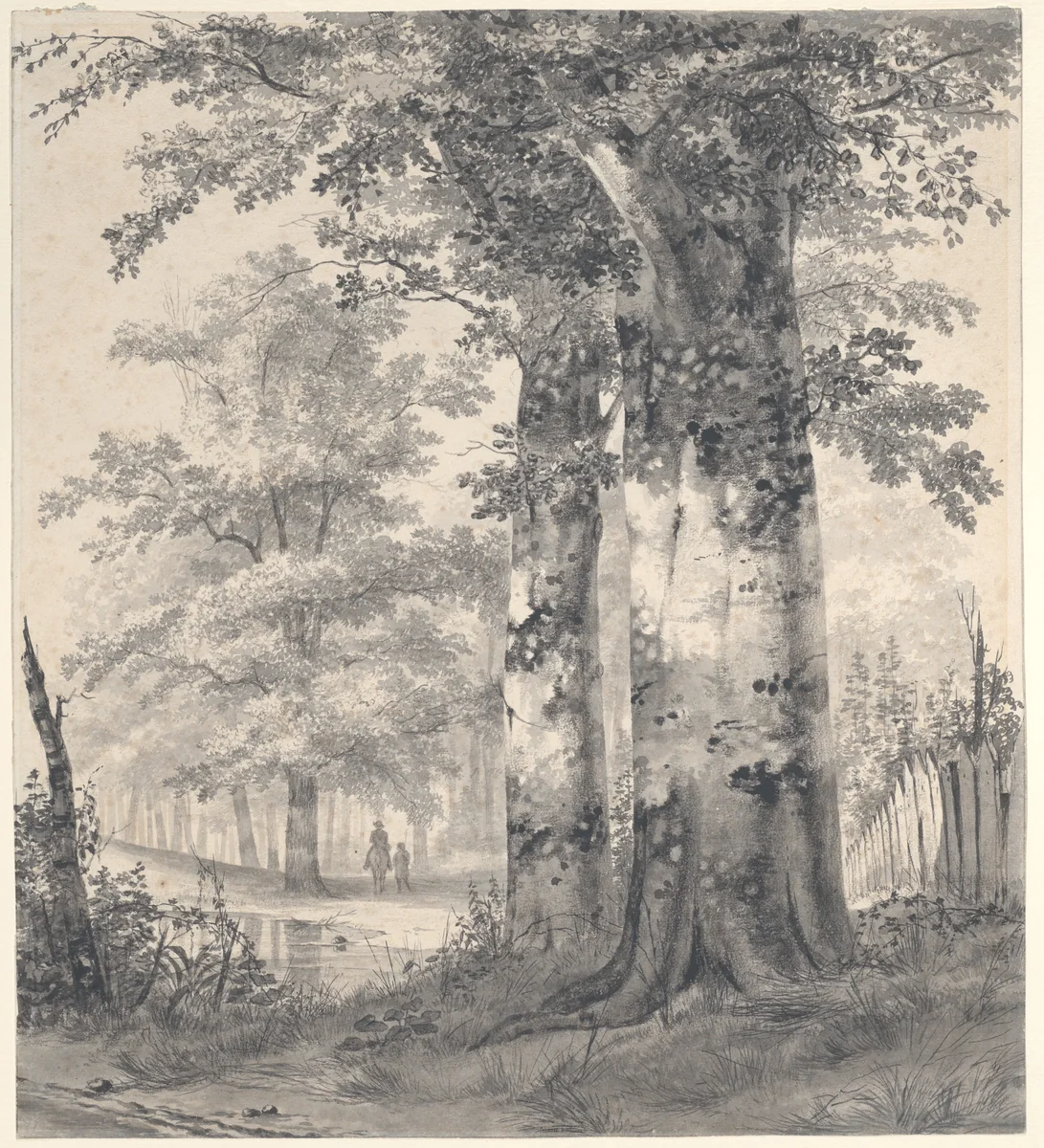 Wooded Landscape with Figures by a Pond by Hendrik Gerrit ten Cate, drawing, 1825-1850