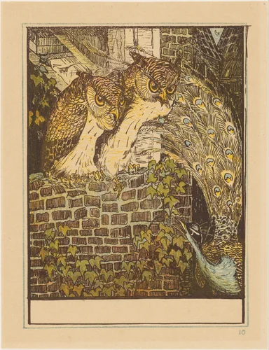 Twee uilen op een muur by Theo van Hoytema, print, 1895