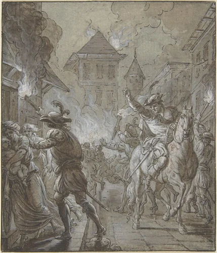 Soldiers pillaging a town by anonymous, drawing, 1600-1700