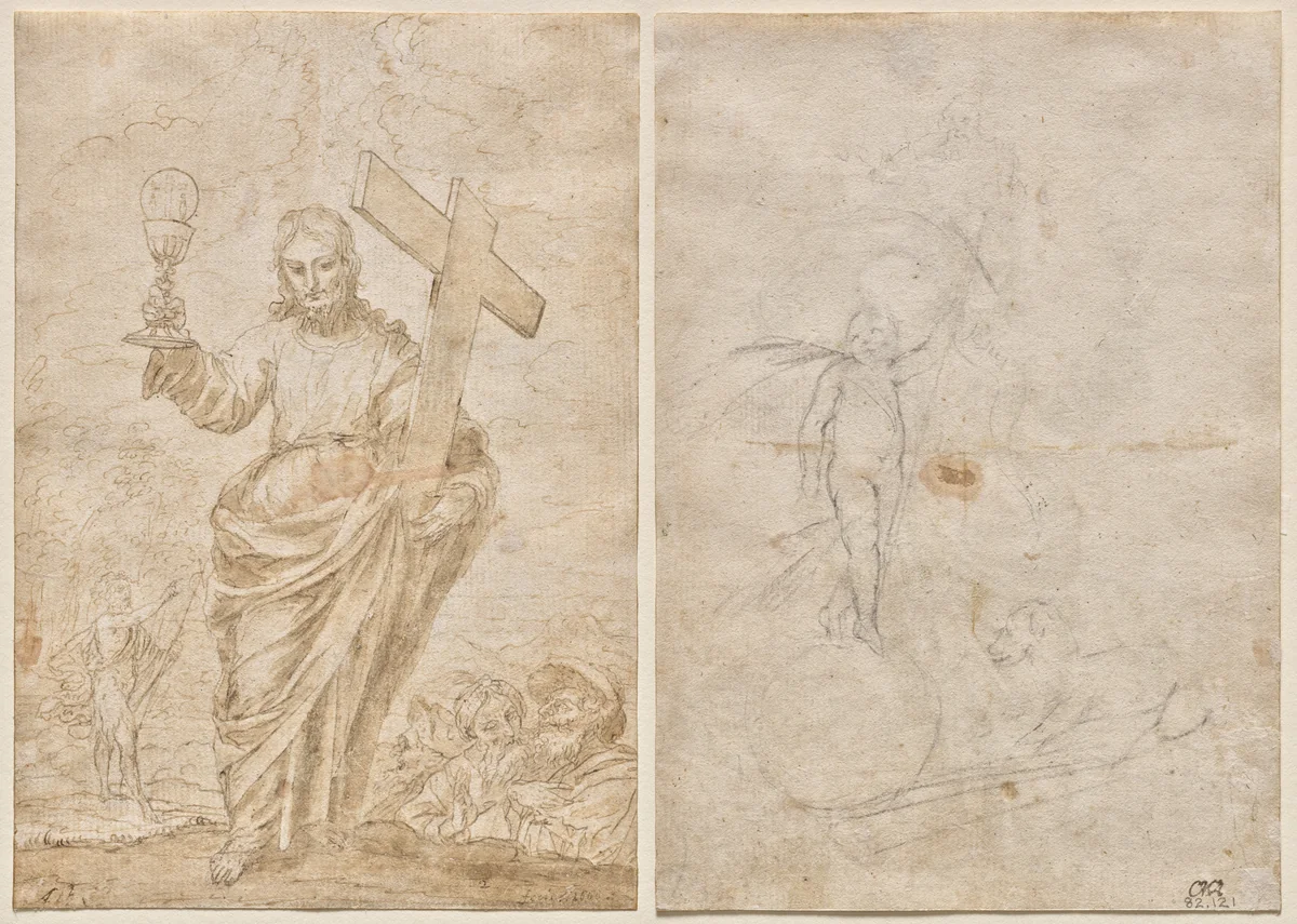 Christ Holding a Chalice and Cross (recto); Resurrected Christ and Lamb of God (verso) by Alonso Cano, drawing, 1666