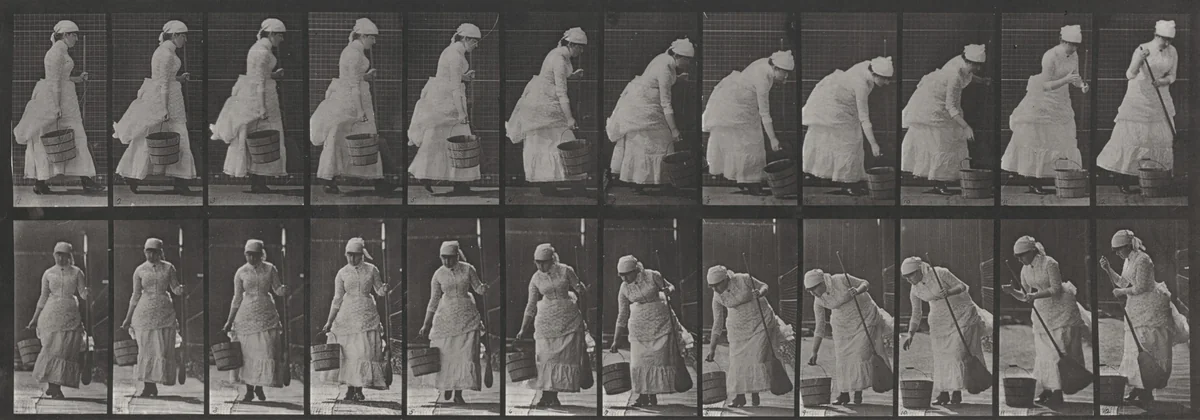 Plate Number 437. Setting down a bucket and preparing to sweep by Eadweard Muybridge, photograph, 1887