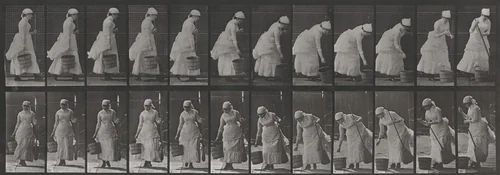 Plate Number 437. Setting down a bucket and preparing to sweep by Eadweard Muybridge, photograph, 1887