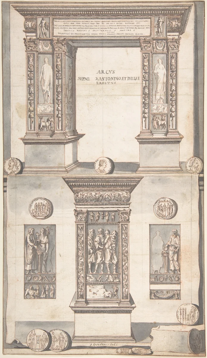 Arch of Septimius Severus, Frontal Elevation (above) and Side View (below) by Jan Goeree, drawing, 1690-1704
