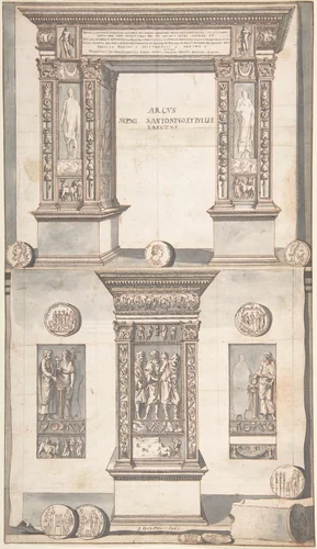 Arch of Septimius Severus, Frontal Elevation (above) and Side View (below) by Jan Goeree, drawing, 1690-1704